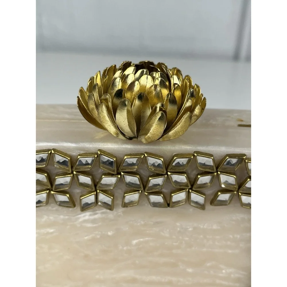 Kundan Mirror Rhinestone Clutch Resin Cream Marble Gold Tone Chain Boho Flower